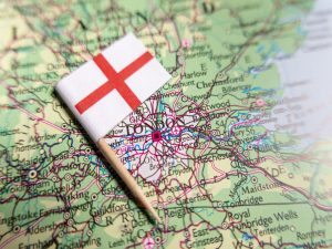 England Flag Over London Map Region.